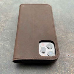 iPhone 12 Mini Leather Folio Case in black, dark brown, camel and grey